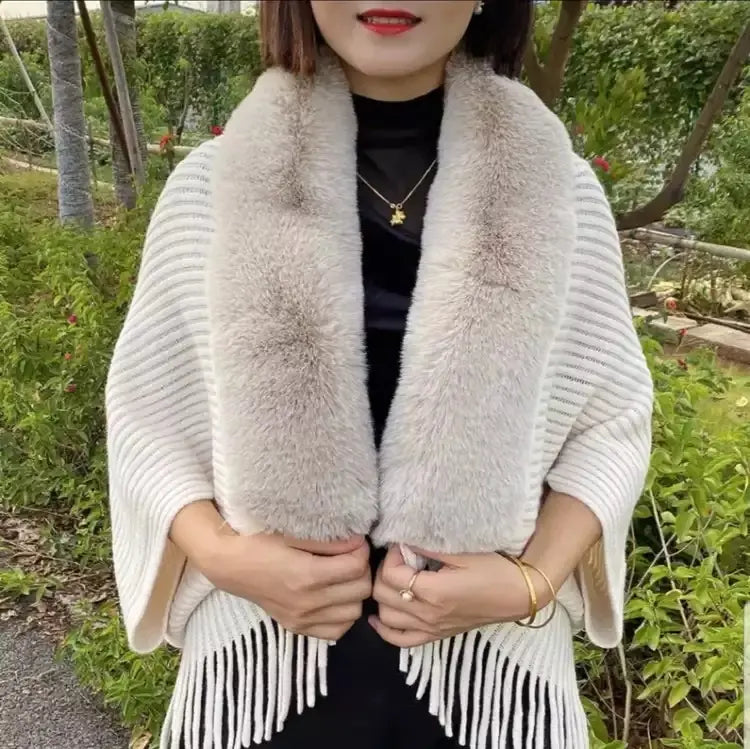 Guler de blană supradimensionat, șal termic cu franjuri