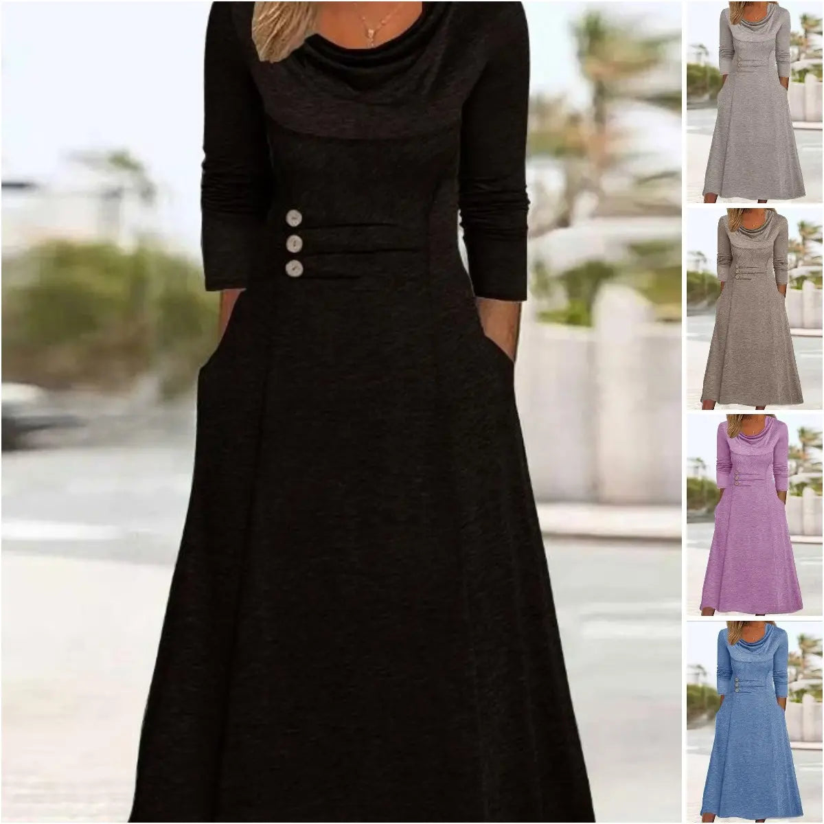 2023 noua rochie de toamna de culoare solida cu talie de buzunar cu gat rotund