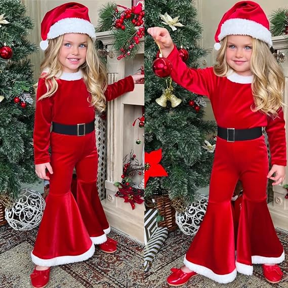 Set de costume de Moș Crăciun pentru fete noi, 3 piese, cu mâneci lungi, pantaloni evazați, colțuri din catifea