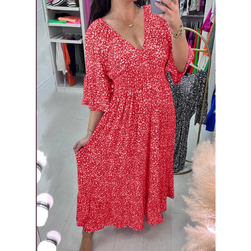 【S-5XL】2024 rochie lungă florală nouă cu decolteu în V, mărime mare