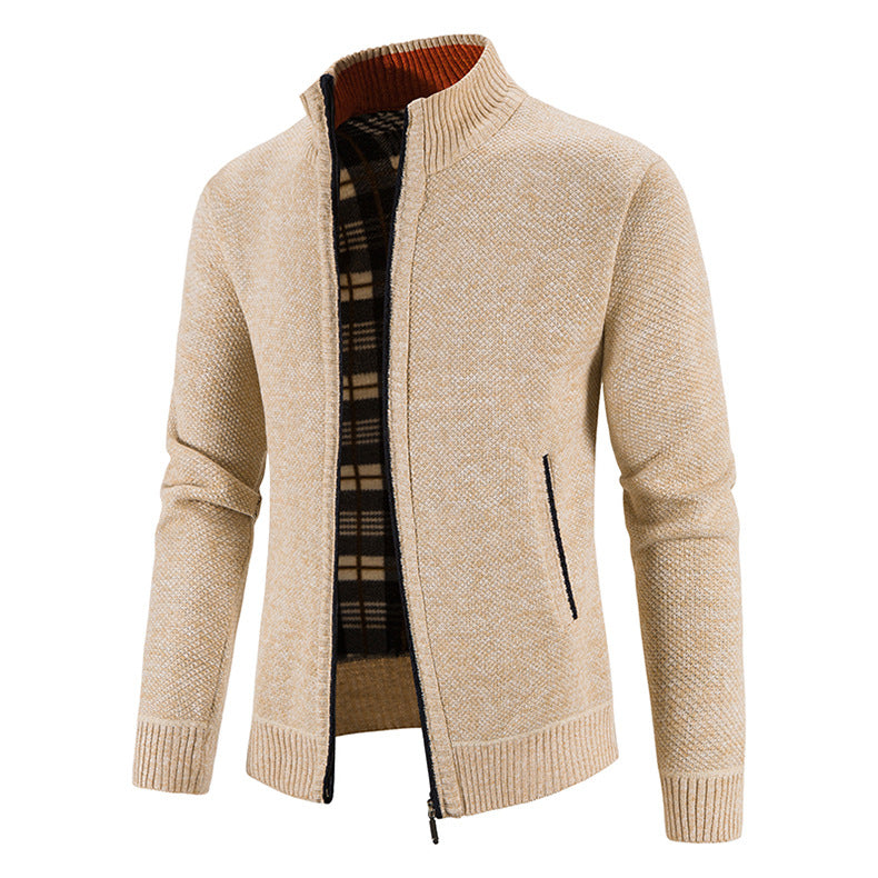 2023 Autumn and Winter Cross-Border Slim Men's Fleece-lined Thickening Stand Collar Cardigan Korean Sweater Coat Jacket