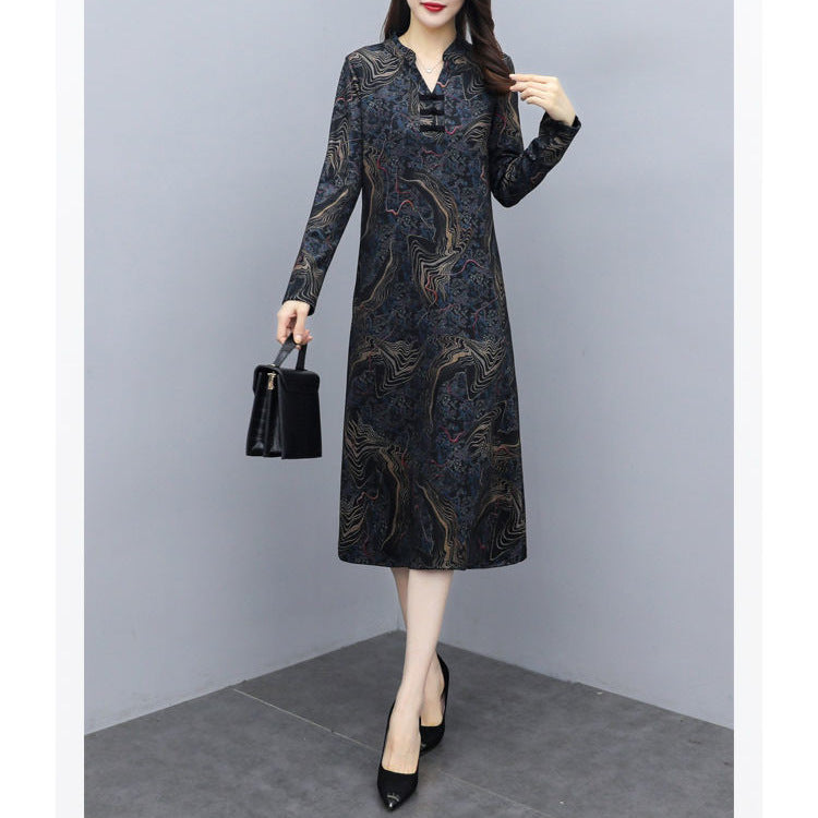 Spring and Autumn New Long-Sleeved Dress Cheongsam Improved Korean Style Fashion Loose Slim Looking Belly Covering Wide Lady Bottoming Dress