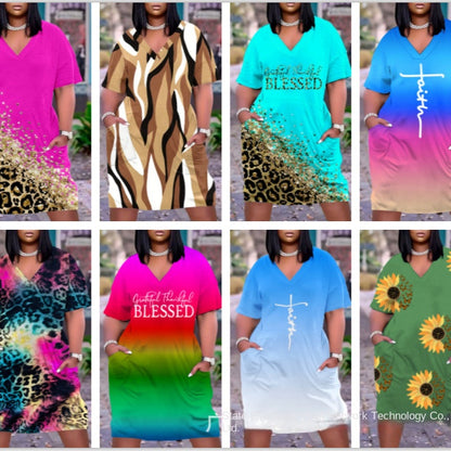 2023 New Cross-Border Supply European and American Women's Clothing Sexy Loose Tie-Dye Printed V-neck Fashion Casual Dress