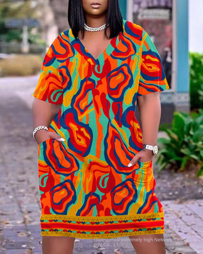 2023 New Cross-Border Supply European and American Women's Clothing Sexy Loose Tie-Dye Printed V-neck Fashion Casual Dress