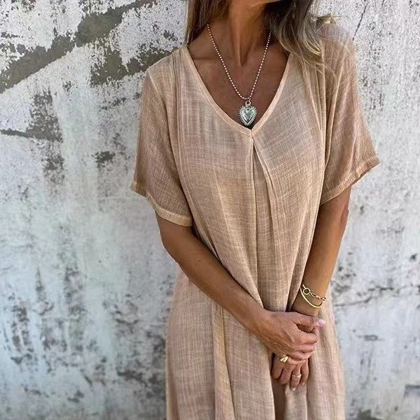 XS-3XL-2024 Fusta casual primavara-vara larga cu maneca scurta decolteu in V culoare solida rochie din bumbac si in