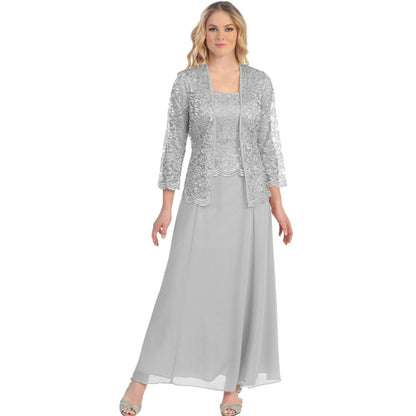 Amazon AliExpress Fashion European and American Style Two-Piece Lace Cardigan Chiffon Maxi Dress plus Size Women's Clothing 9957