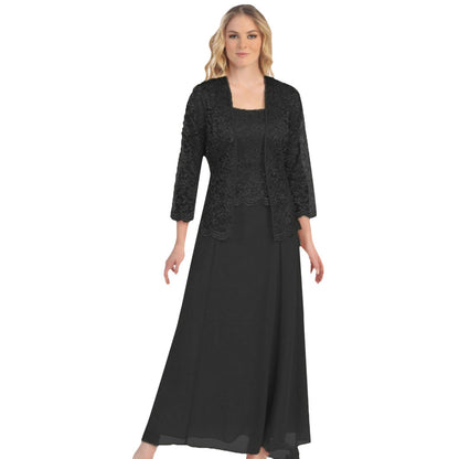 Amazon AliExpress Fashion European and American Style Two-Piece Lace Cardigan Chiffon Maxi Dress plus Size Women's Clothing 9957