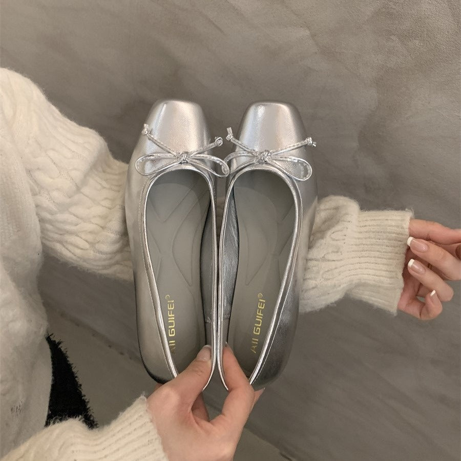 Silver Single-Layer Shoes Low-Cut Bowknot 2024 Spring New French Gentle Wanwan Lei Style Flat Pumps Women's Shoes