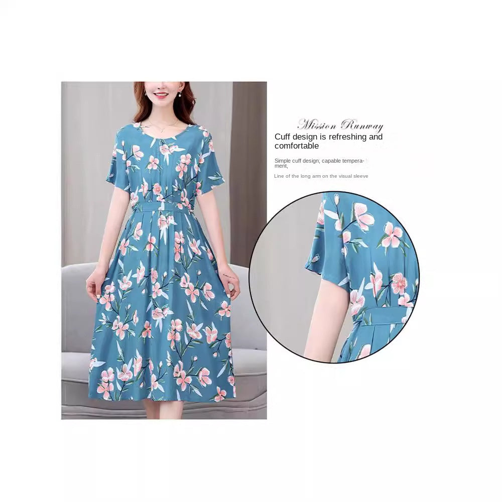 XL-5XL 2024  Rochie nouă din mătase de bumbac de vară, temperament high-end, fusta lungă din bumbac artificial leagăn mare pentru mamă în stil occidental poate fi purtată afară