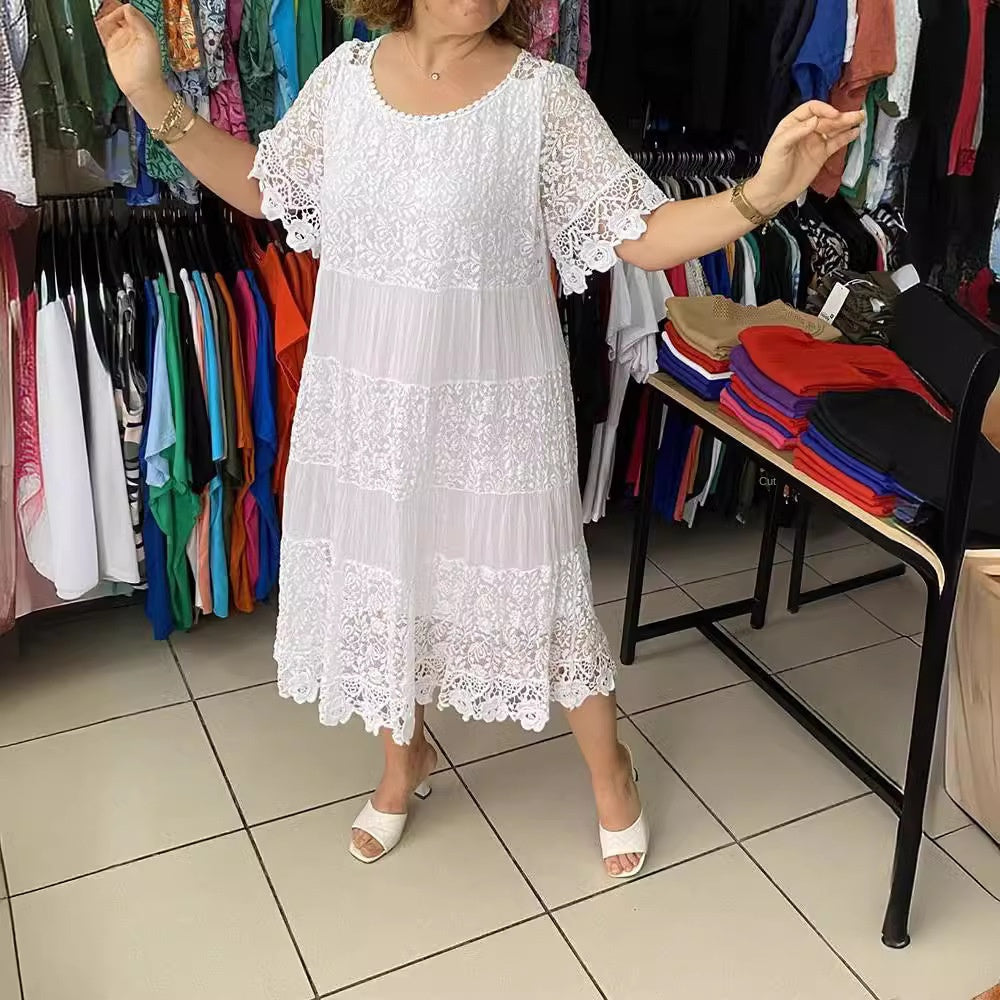 [XXS-5XL] Rochie nouă din dantelă cu mâneci scurte, cu decolteu rotund