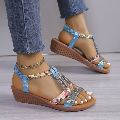 2024 Nou 34-43- Pantofi mari pentru femei stil Bohemian Casual Set Picior de apă diamant pantă toc rotund Cap Sandale de plajă