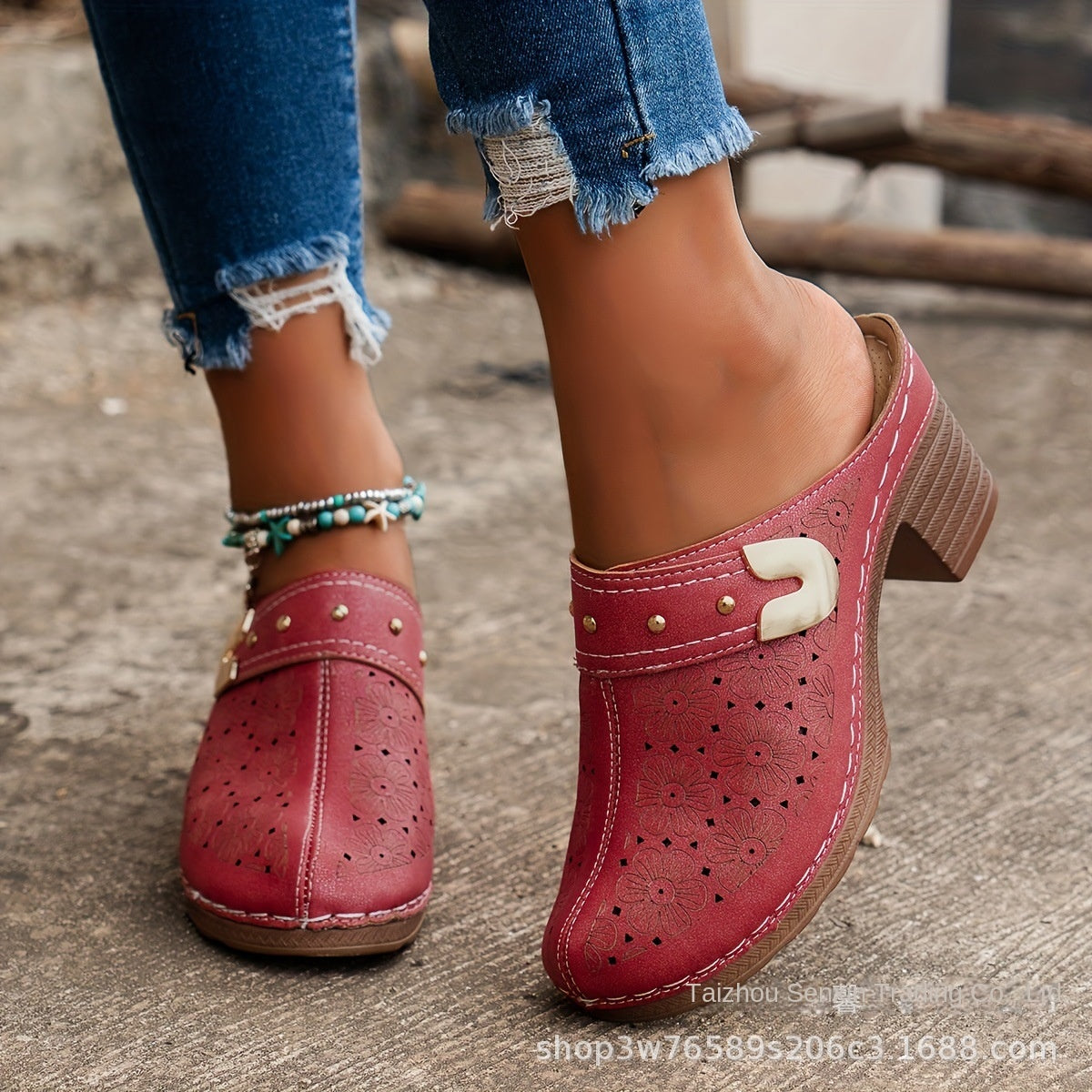 Popular High Heel Sandal Slippers Women's Toe Cap Chunky Heel Mules Shoes