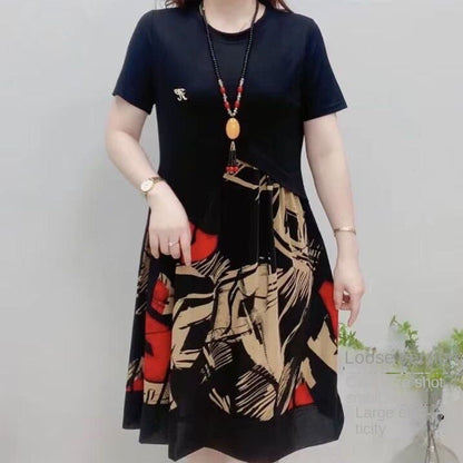 M-6XL-2024 Rochie midi patchwork cu mânecă scurtă pentru modă mid-rise