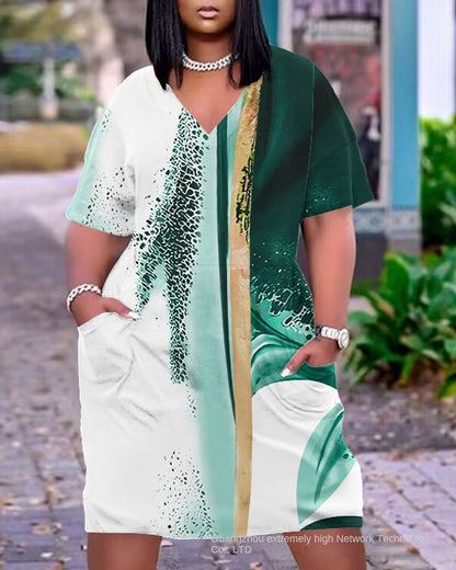 2023 New Cross-Border Supply European and American Women's Clothing Sexy Loose Tie-Dye Printed V-neck Fashion Casual Dress