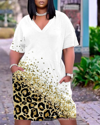 2023 New Cross-Border Supply European and American Women's Clothing Sexy Loose Tie-Dye Printed V-neck Fashion Casual Dress