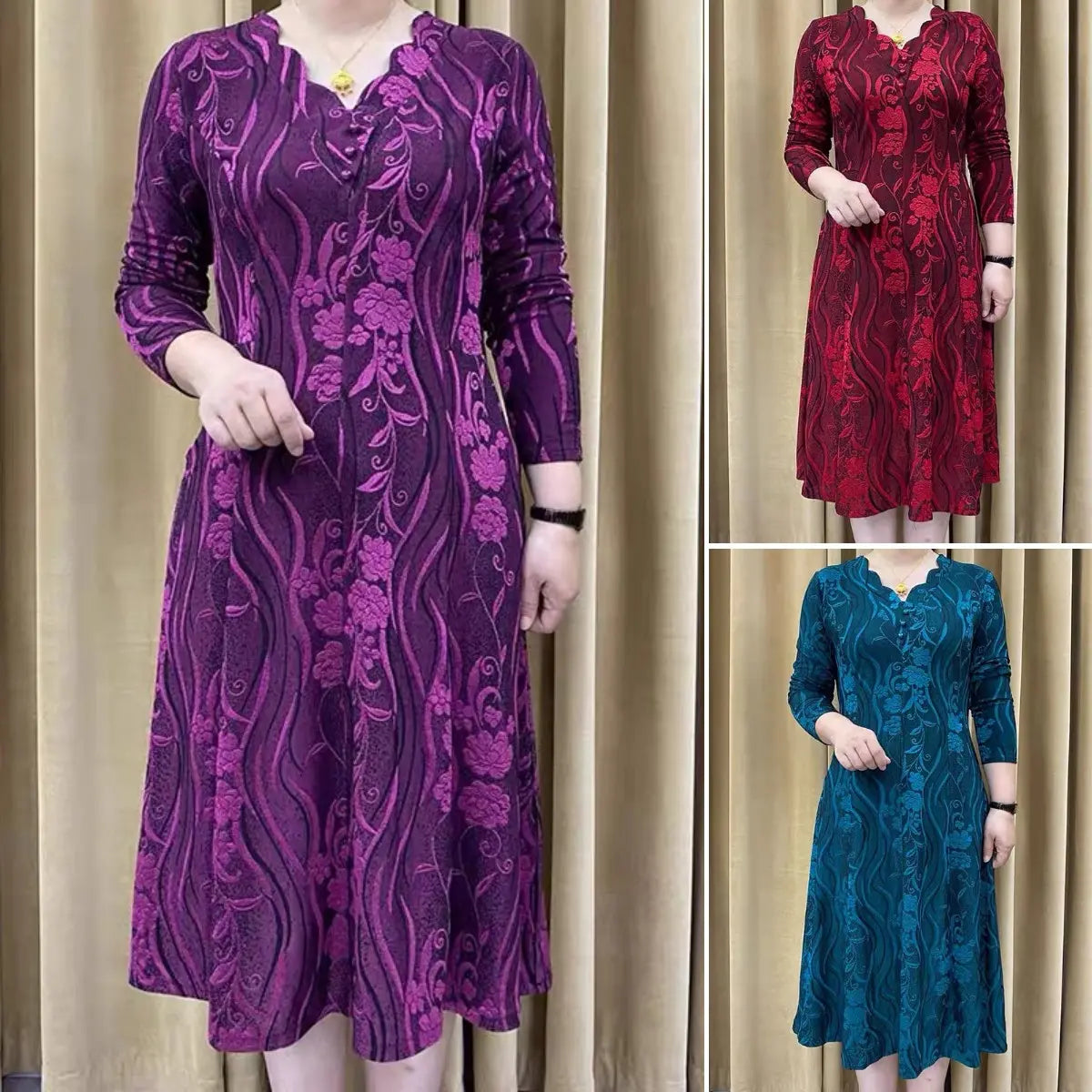 Oferta limitata-【XL-6XL】2023 Rochie subțire cu mânecă lungă, cu decolteu în V, temperament de toamnă, pentru mame