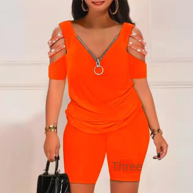 S-3XL-2024 Costum casual de damă imprimat cu decolteu în V cu fermoar cu mâneci scurte și pantaloni scurți din două piese