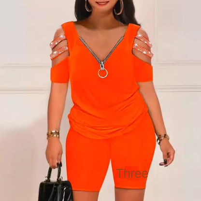 S-3XL-2024 Costum casual de damă imprimat cu decolteu în V cu fermoar cu mâneci scurte și pantaloni scurți din două piese