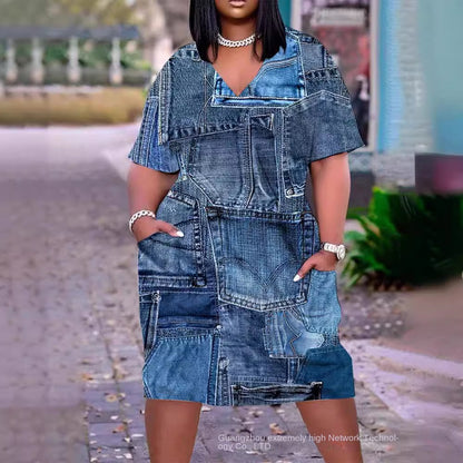 2023 New Cross-Border Supply European and American Women's Clothing Sexy Loose Tie-Dye Printed V-neck Fashion Casual Dress