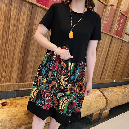 M-6XL-2024 Rochie midi patchwork cu mânecă scurtă pentru modă mid-rise