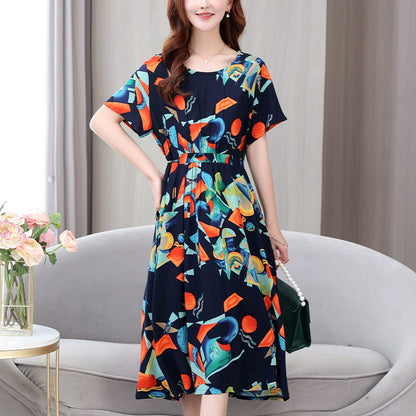 XL-5XL 2024  Rochie nouă din mătase de bumbac de vară, temperament high-end, fusta lungă din bumbac artificial leagăn mare pentru mamă în stil occidental poate fi purtată afară