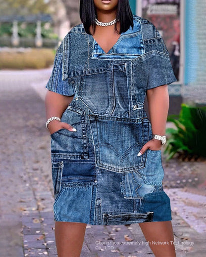 2023 New Cross-Border Supply European and American Women's Clothing Sexy Loose Tie-Dye Printed V-neck Fashion Casual Dress