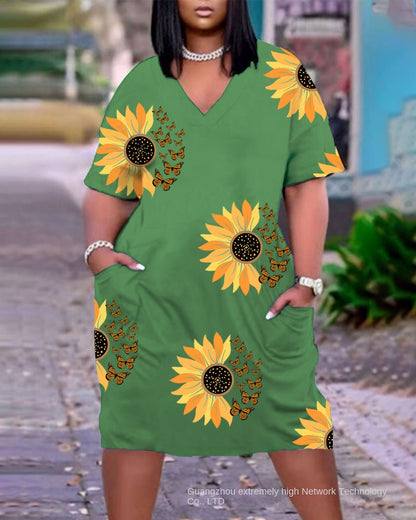 2023 New Cross-Border Supply European and American Women's Clothing Sexy Loose Tie-Dye Printed V-neck Fashion Casual Dress