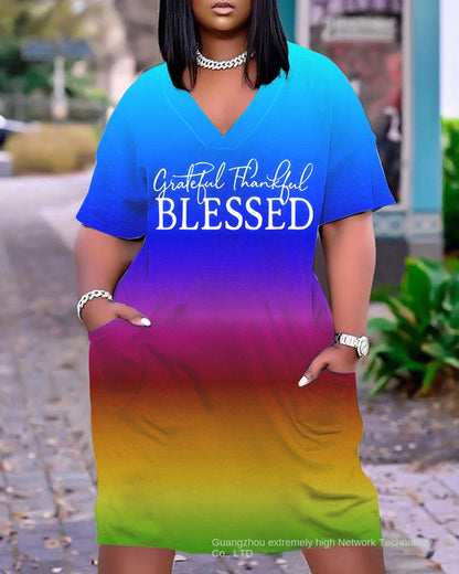 2023 New Cross-Border Supply European and American Women's Clothing Sexy Loose Tie-Dye Printed V-neck Fashion Casual Dress