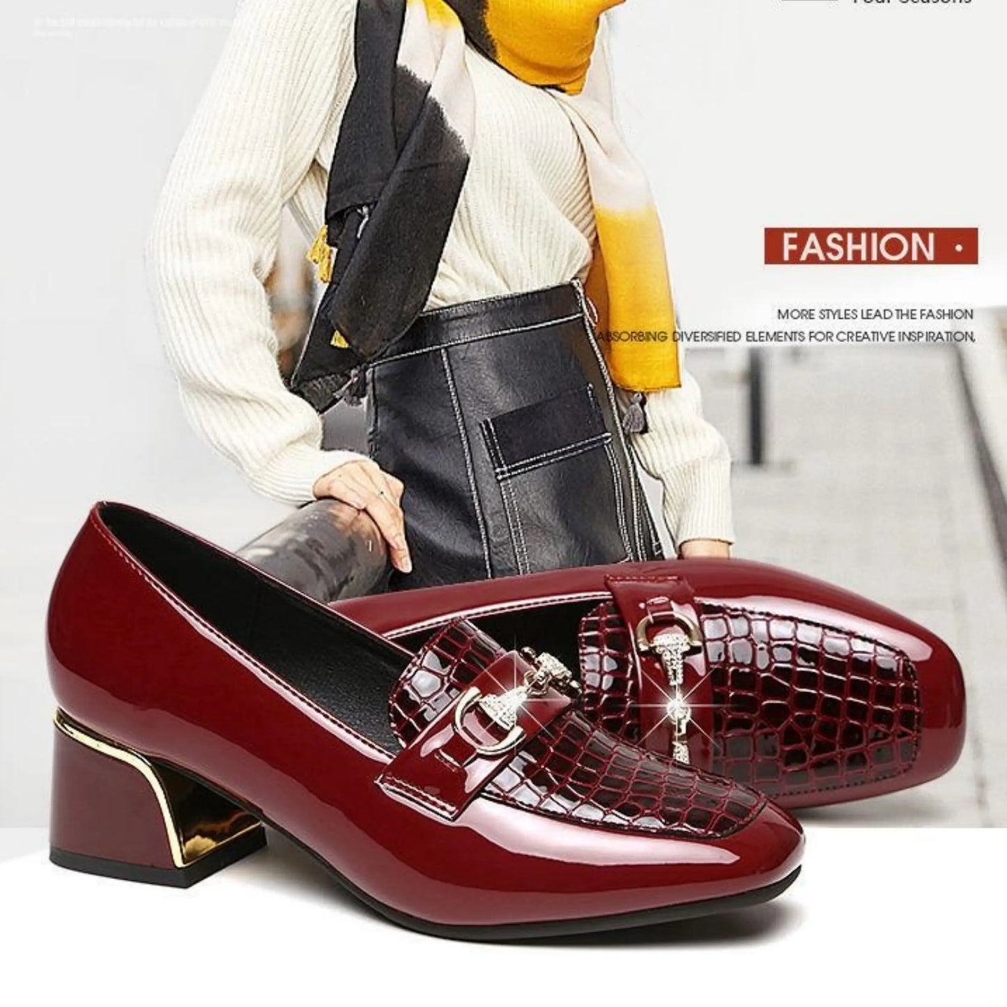 【35-40】 2023 pantofi din piele cu toc gros cu vârf pătrat de toamnă