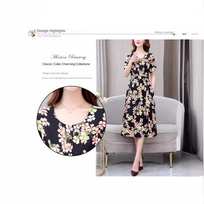 XL-5XL 2024  Rochie nouă din mătase de bumbac de vară, temperament high-end, fusta lungă din bumbac artificial leagăn mare pentru mamă în stil occidental poate fi purtată afară