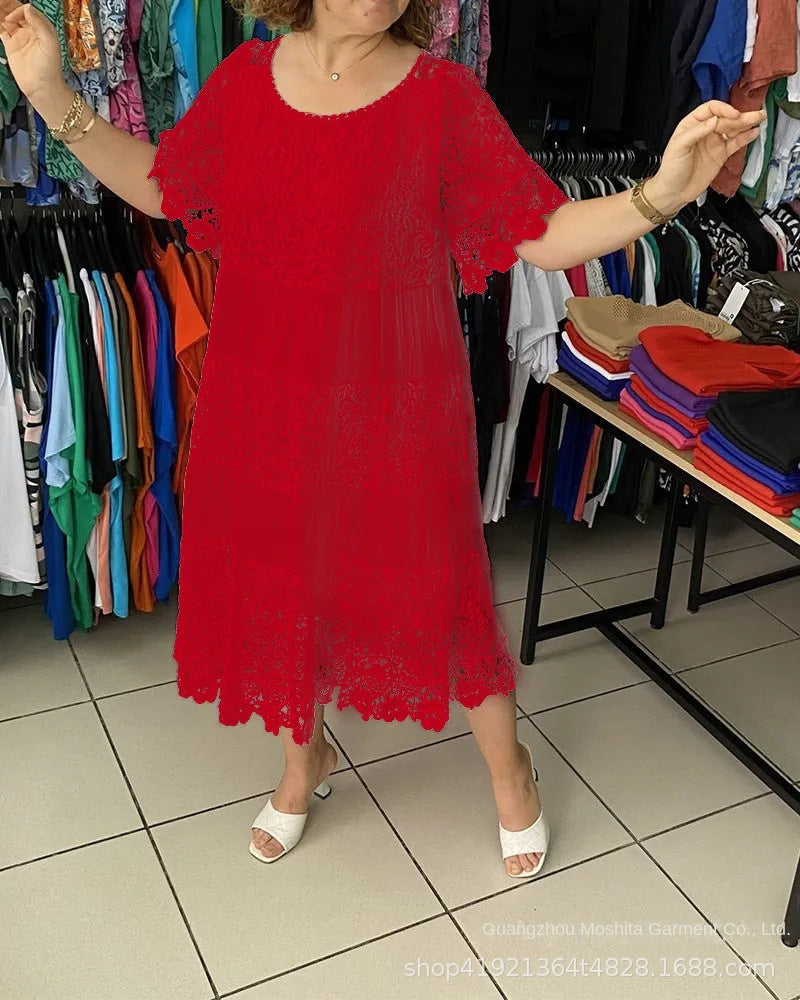 [XXS-5XL] Rochie nouă din dantelă cu mâneci scurte, cu decolteu rotund
