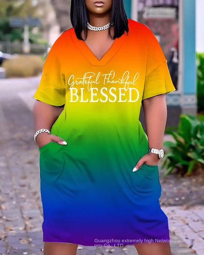 2023 New Cross-Border Supply European and American Women's Clothing Sexy Loose Tie-Dye Printed V-neck Fashion Casual Dress