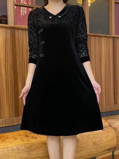 【40-90KG】2023 noua rochie cu guler de papusa din catifea aurie de toamna si iarna