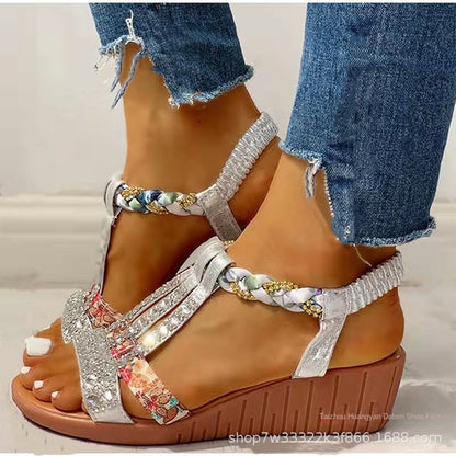 2024 Nou 34-43- Pantofi mari pentru femei stil Bohemian Casual Set Picior de apă diamant pantă toc rotund Cap Sandale de plajă