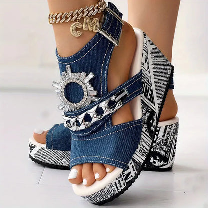 【35-43】Sandale cu pană cu strasuri decor pentru damă