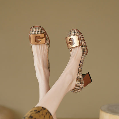 Retro Houndstooth Pumps Women 2024 New Metal Buckle 41 plus Size High Heels ~ Spring 6.5cm Mary Jane Shoes