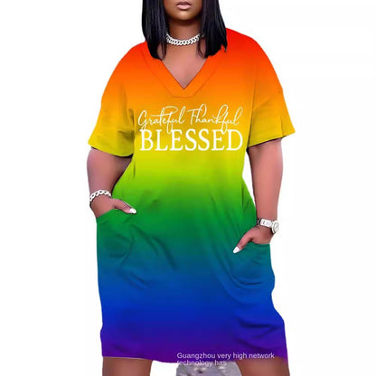 2023 New Cross-Border Supply European and American Women's Clothing Sexy Loose Tie-Dye Printed V-neck Fashion Casual Dress