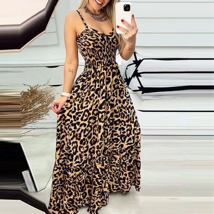 S-5XL-2024 De vară pentru femei nou leopard imprimeu bretele cu decolteu în V temperament sexy la modă fusta lungă