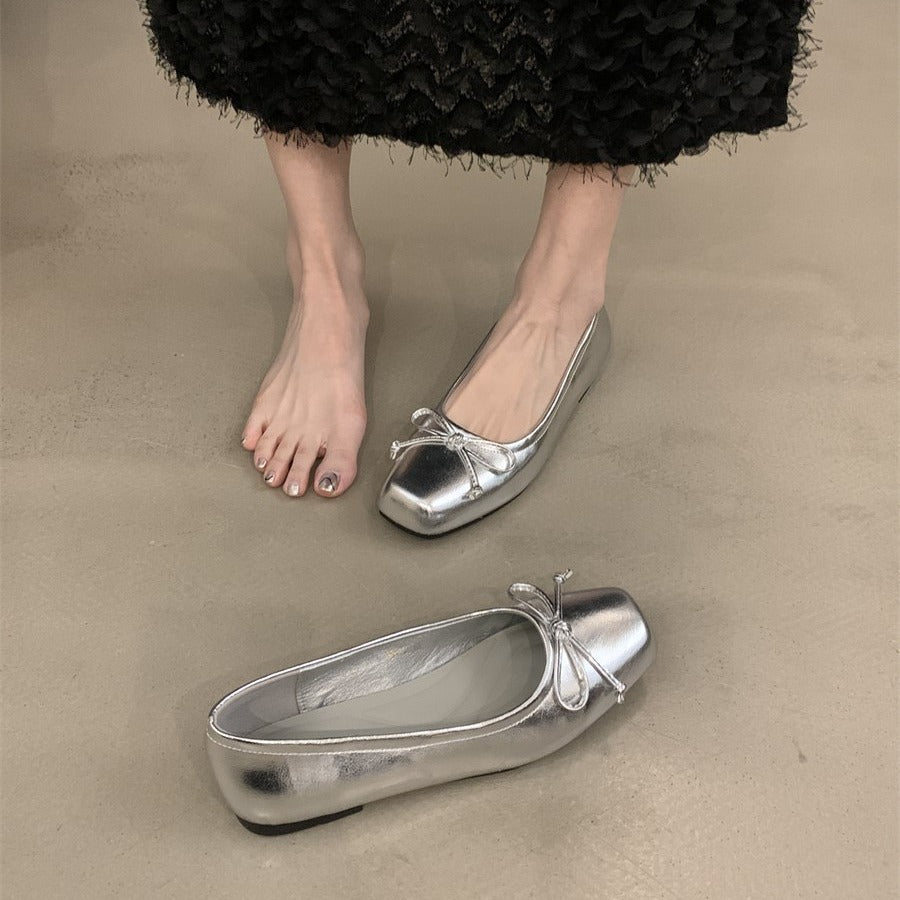 Silver Single-Layer Shoes Low-Cut Bowknot 2024 Spring New French Gentle Wanwan Lei Style Flat Pumps Women's Shoes