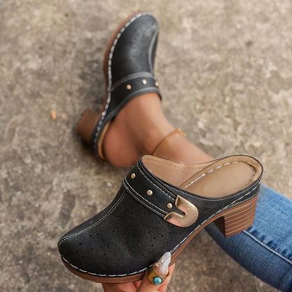 Popular High Heel Sandal Slippers Women's Toe Cap Chunky Heel Mules Shoes