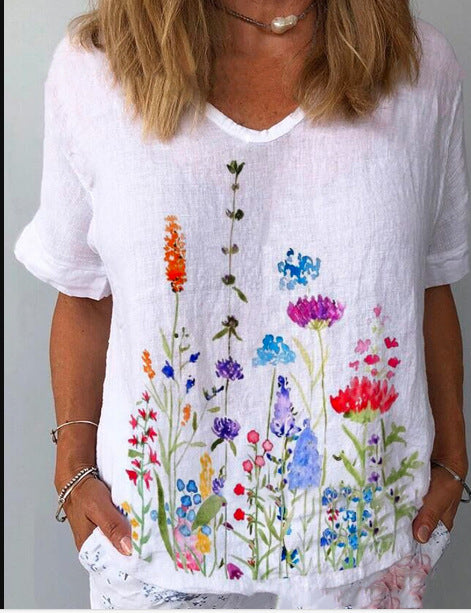 【Cumpără 1 primești 1 gratis】【XS-6XL】Tricou cu mâneci scurte cu imprimeu floral din in bumbac