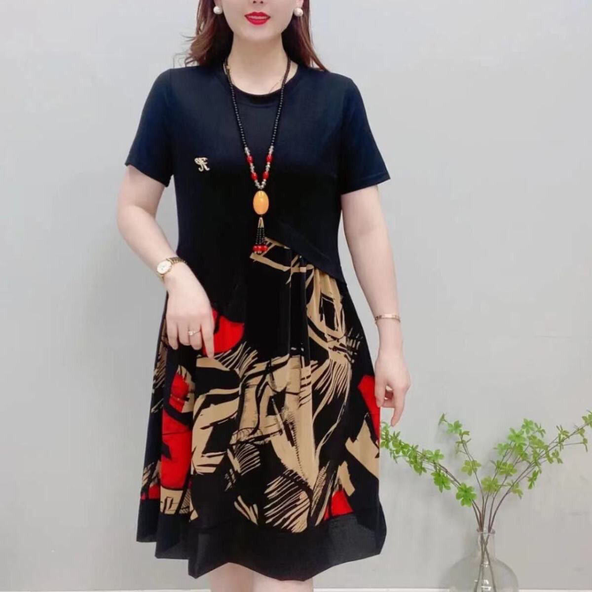 M-6XL-2024 Rochie midi patchwork cu mânecă scurtă pentru modă mid-rise