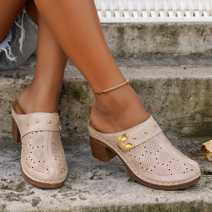 Popular High Heel Sandal Slippers Women's Toe Cap Chunky Heel Mules Shoes