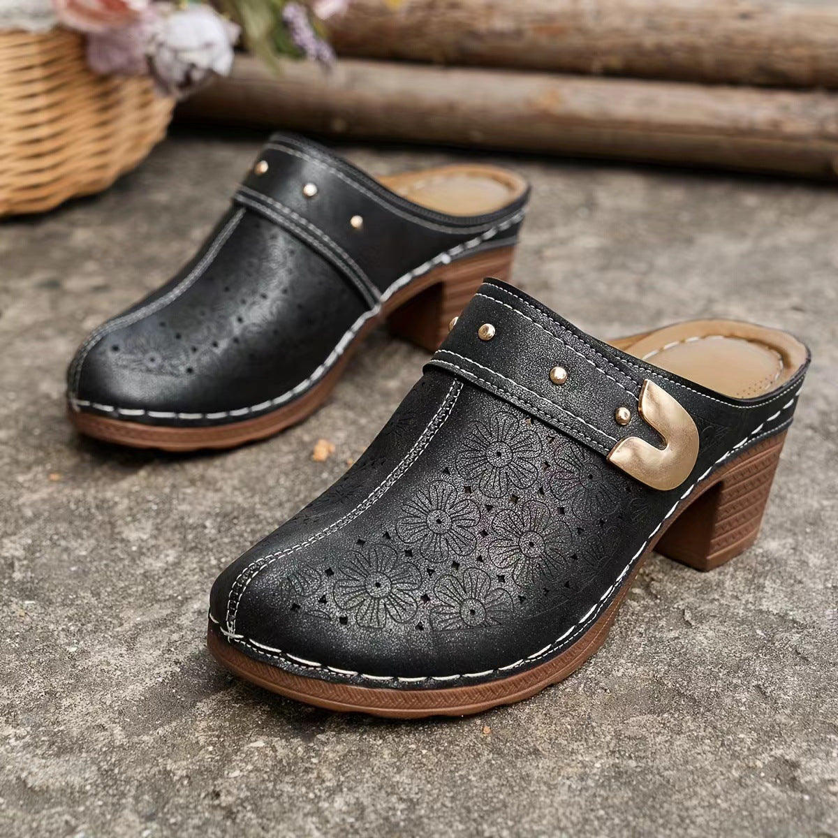 Popular High Heel Sandal Slippers Women's Toe Cap Chunky Heel Mules Shoes