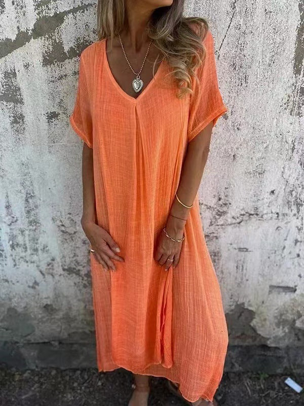 XS-3XL-2024 Fusta casual primavara-vara larga cu maneca scurta decolteu in V culoare solida rochie din bumbac si in