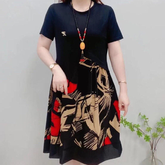 M-6XL-2024 Rochie midi patchwork cu mânecă scurtă pentru modă mid-rise