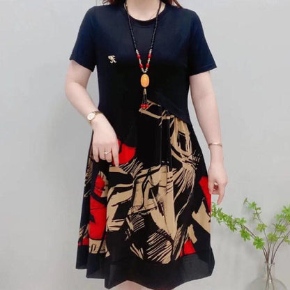 M-6XL-2024 Rochie midi patchwork cu mânecă scurtă pentru modă mid-rise