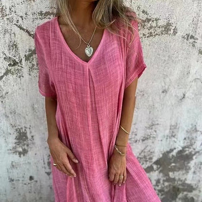 XS-3XL-2024 Fusta casual primavara-vara larga cu maneca scurta decolteu in V culoare solida rochie din bumbac si in