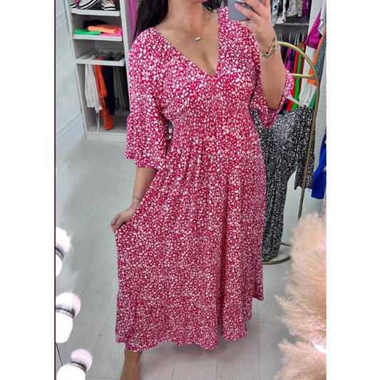 【S-5XL】2024 rochie lungă florală nouă cu decolteu în V, mărime mare
