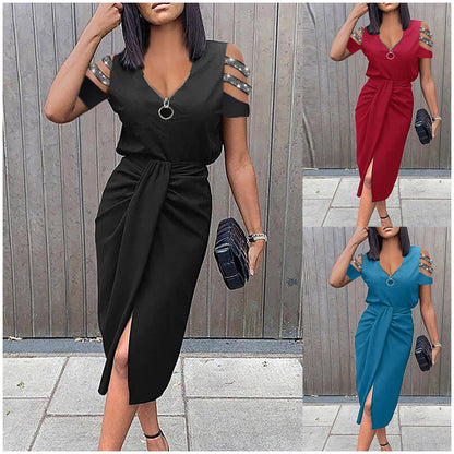 S-2XL-2024 Fusta maxi solida cu fermoar decupata cu maneca scurta si decolteu in V